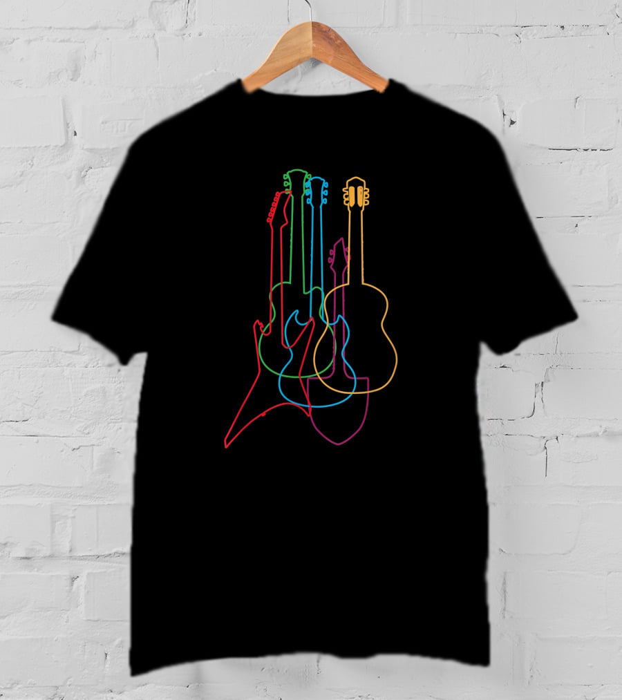 Colored Electric Acoustic Classical Guitars Neon Outline T-Shirt