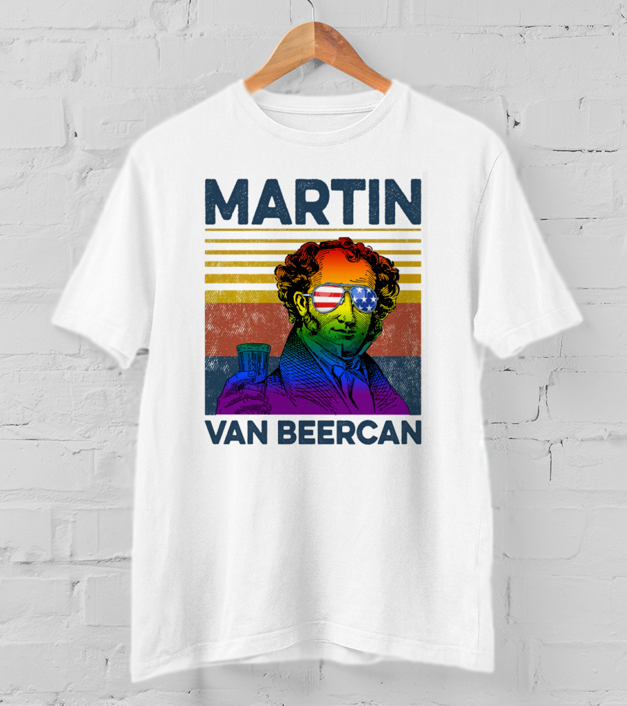 Martin Van Beercan American Flag Sunglasses Retro Drink Stripe T-Shirt