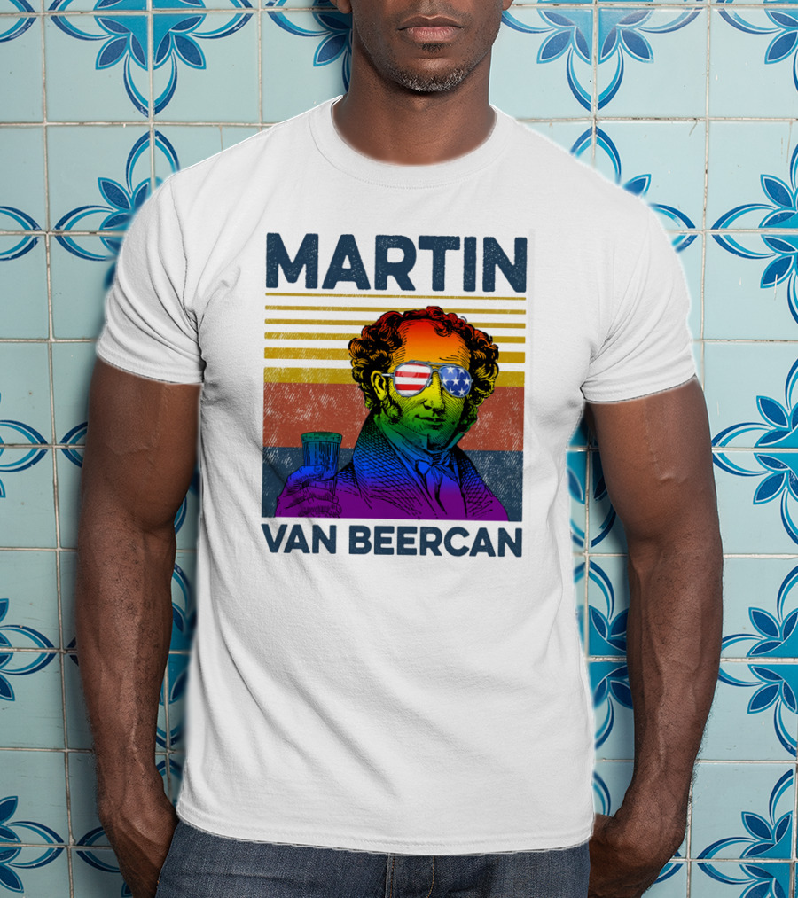 Martin Van Beercan American Flag Sunglasses Retro Drink Stripe T-Shirt