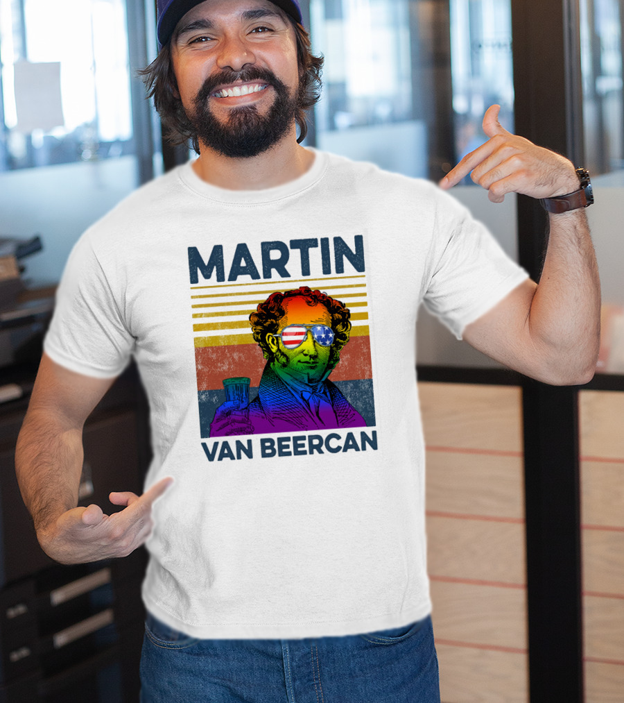 Martin Van Beercan American Flag Sunglasses Retro Drink Stripe T-Shirt