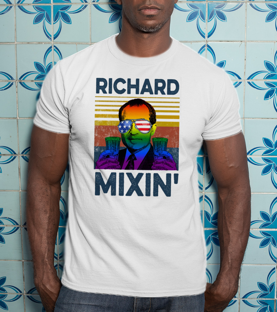 Richard Mixin' Beer Drink Patriotic Sunglasses Rainbow Stripes T-Shirt