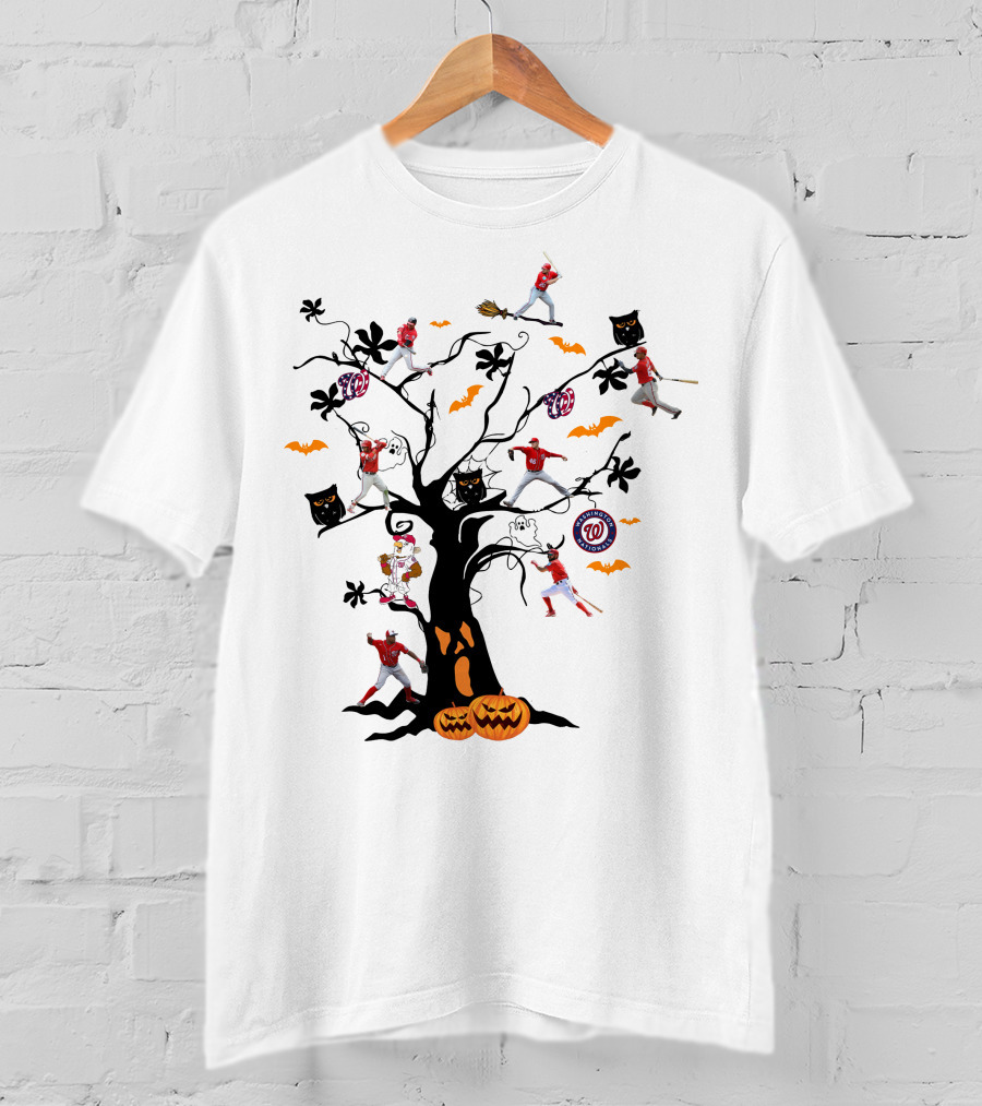 Washington Nationals Halloween Baseball Spooky Tree With Pumpkins And Bats T-Shirt