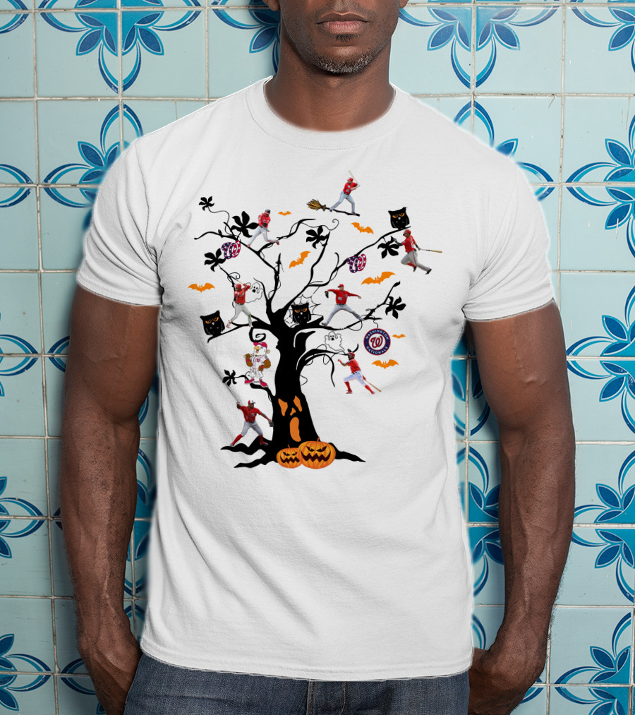 Washington Nationals Halloween Baseball Spooky Tree With Pumpkins And Bats T-Shirt