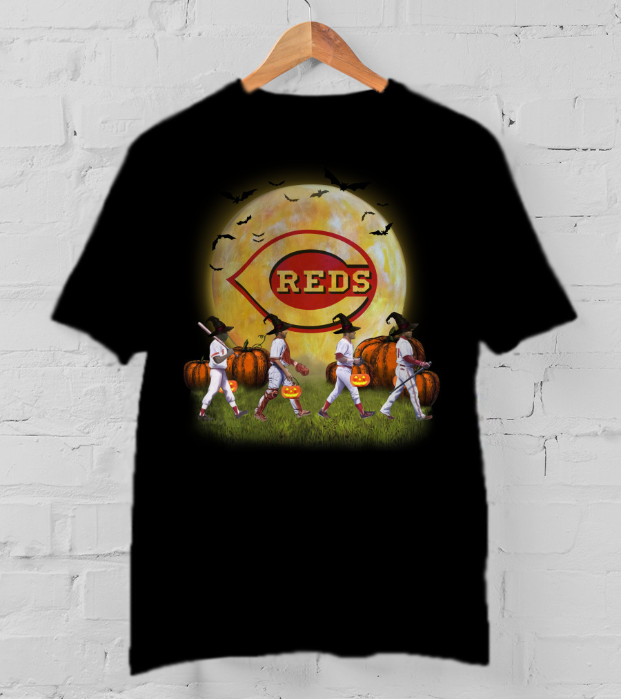 Cincinnati Reds Halloween Witch Walk With Pumpkins And Bats T-Shirt
