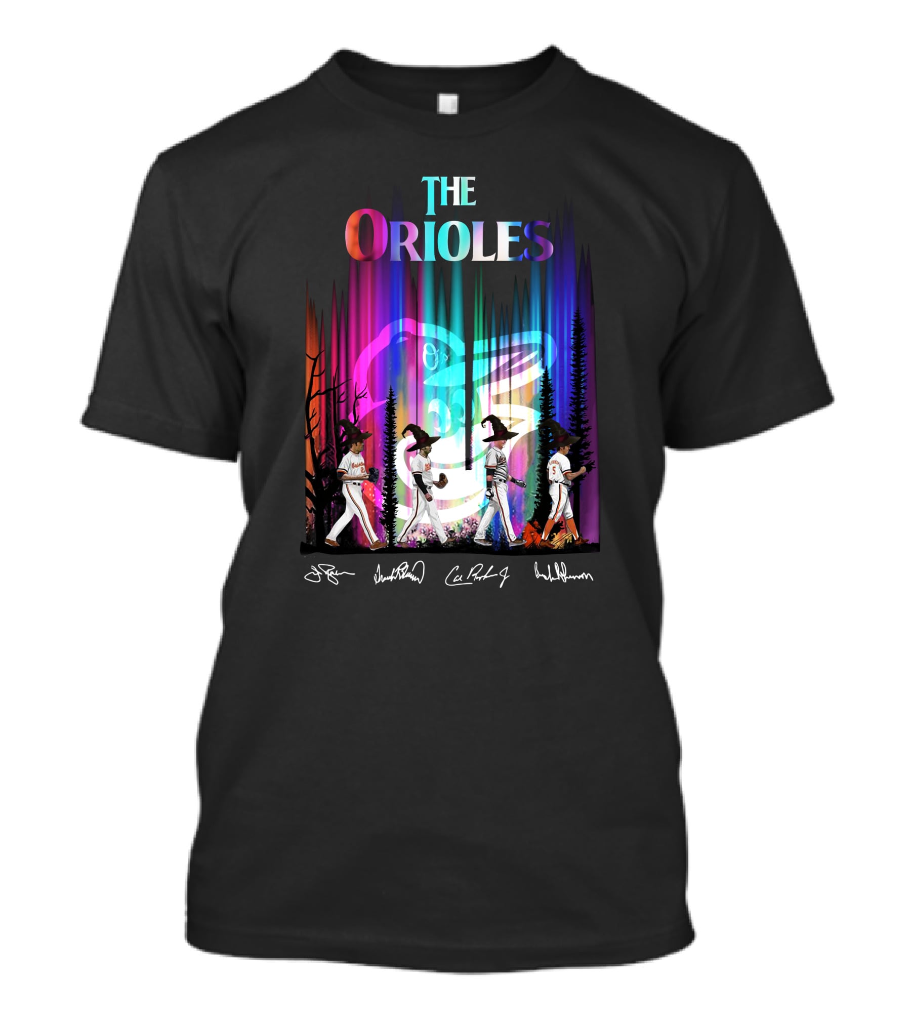 The Orioles Players And Signatures With Logo And Rainbow Background T-Shirt