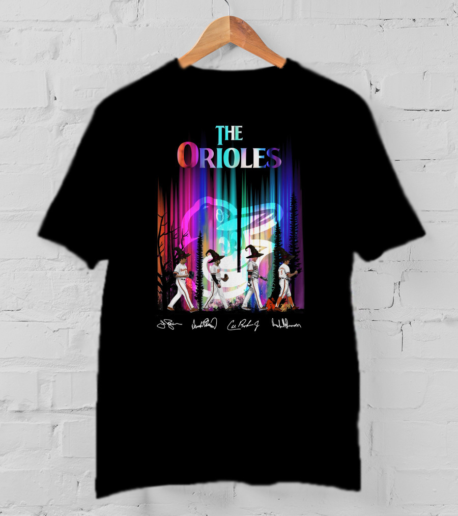 The Orioles Players And Signatures With Logo And Rainbow Background T-Shirt