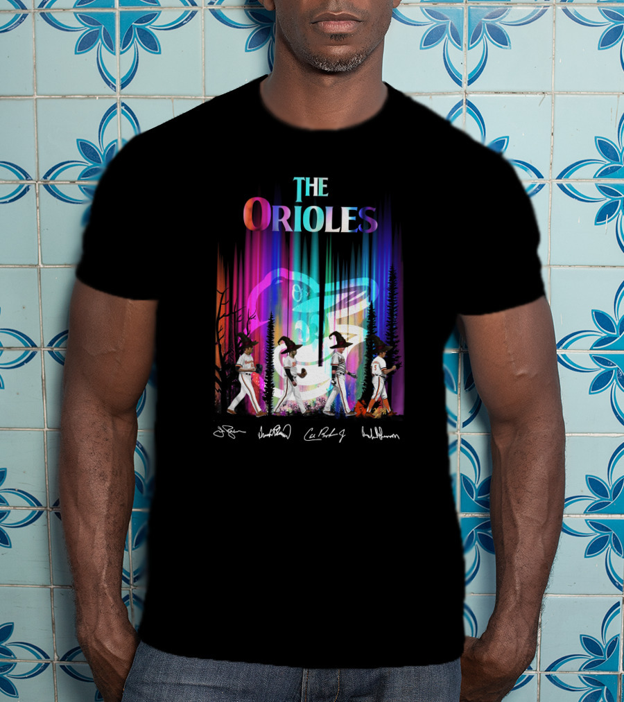 The Orioles Players And Signatures With Logo And Rainbow Background T-Shirt
