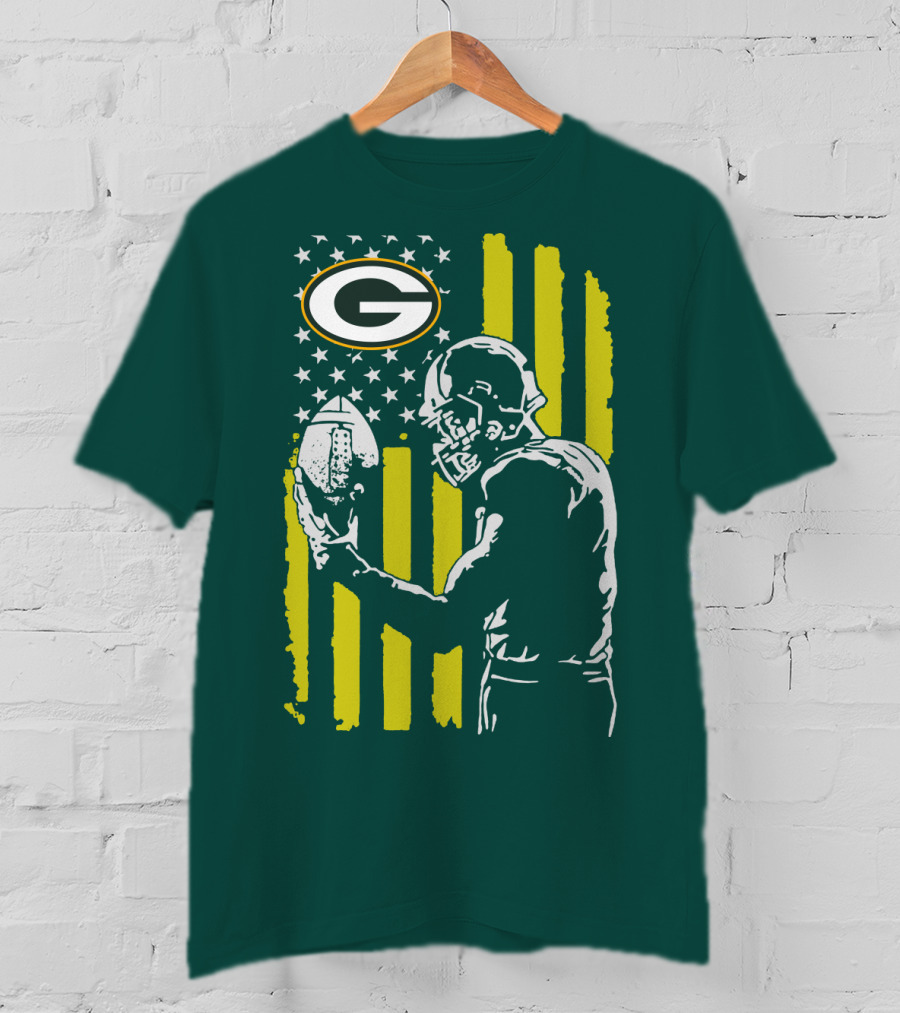 Green Bay Packers Logo And Football Player With American Flag T-Shirt