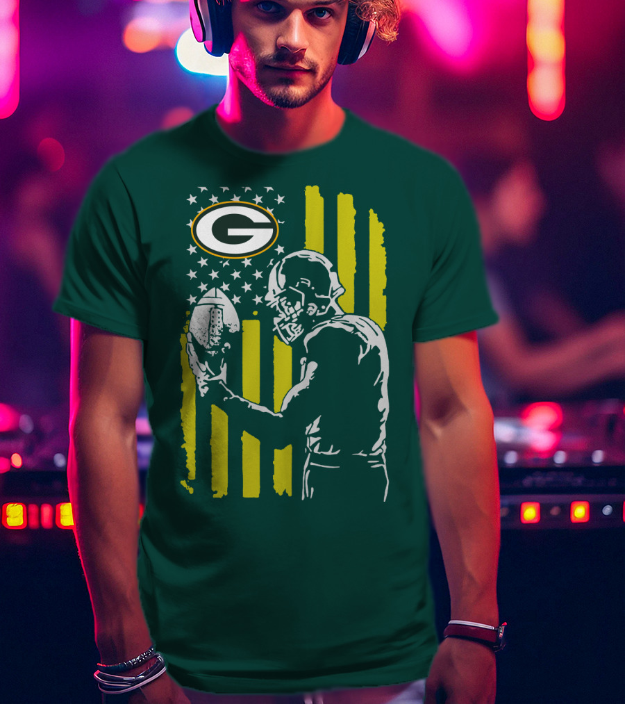 Green Bay Packers Logo And Football Player With American Flag T-Shirt