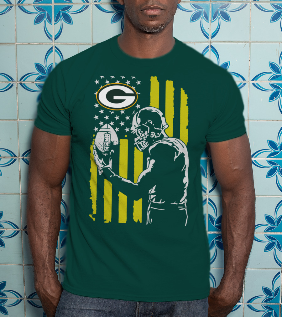 Green Bay Packers Logo And Football Player With American Flag T-Shirt