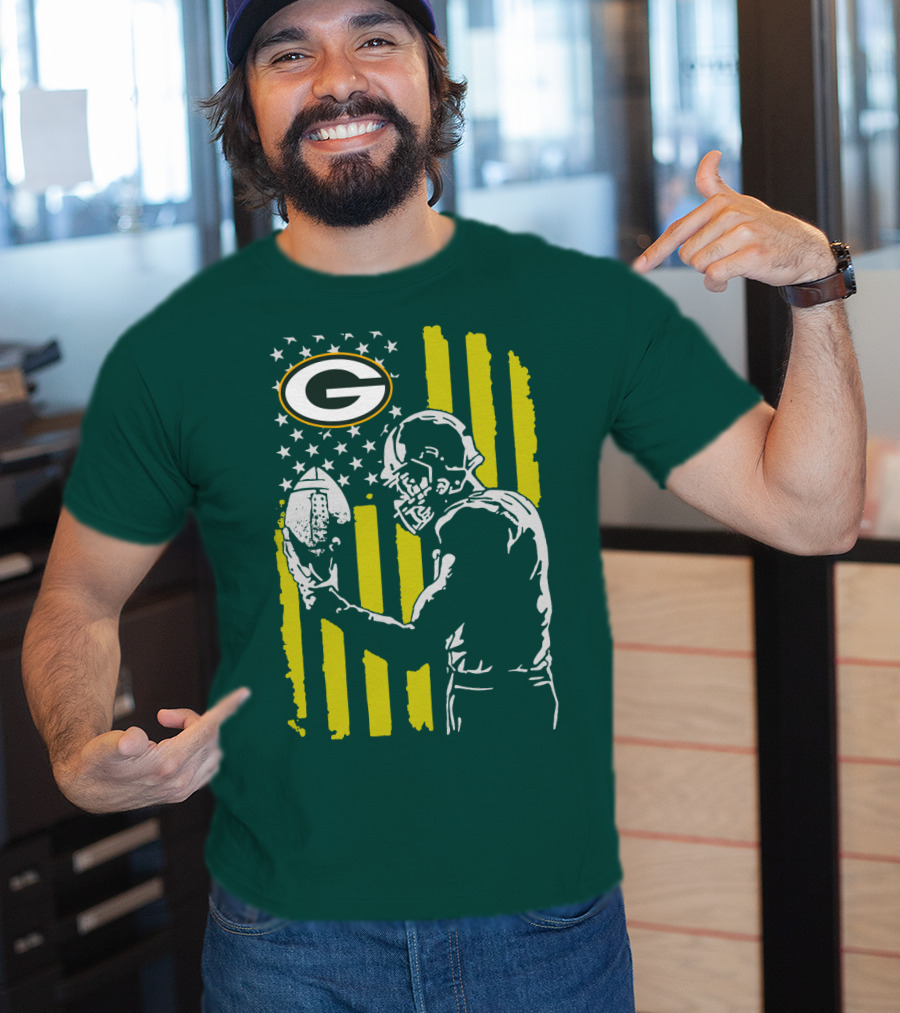Green Bay Packers Logo And Football Player With American Flag T-Shirt
