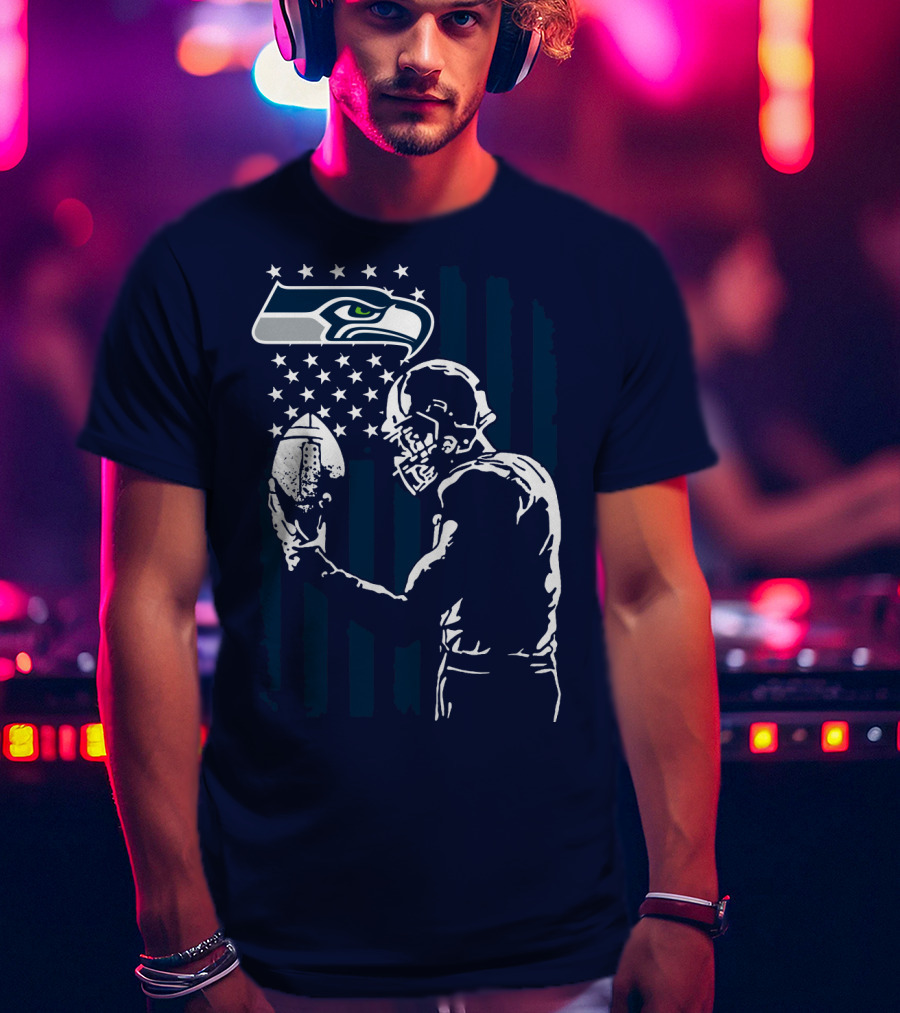 Seattle Seahawks Football Player Stars Stripes Helmet T-Shirt