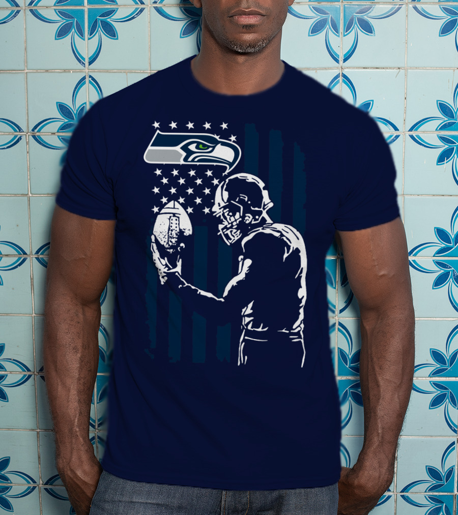 Seattle Seahawks Football Player Stars Stripes Helmet T-Shirt