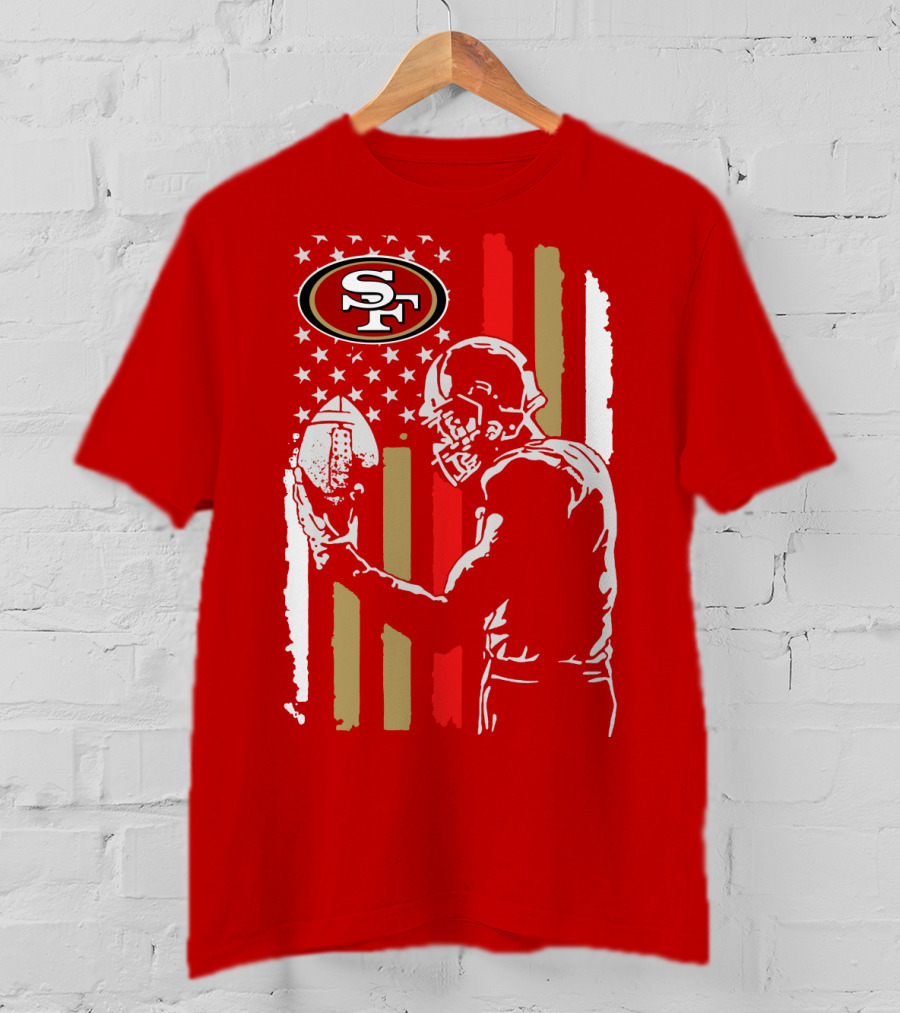 San Francisco 49ers Football Player With Logo And American Flag T-Shirt