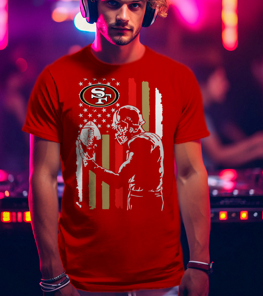 San Francisco 49ers Football Player With Logo And American Flag T-Shirt