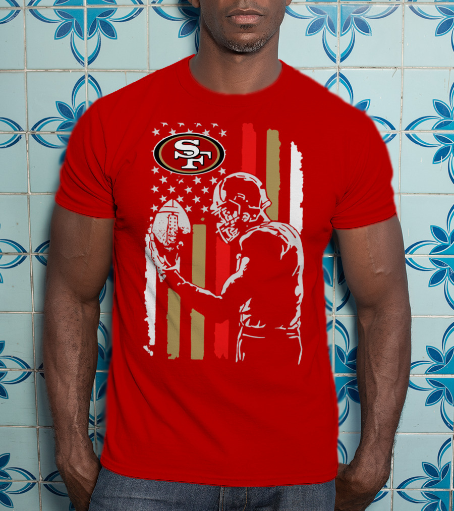 San Francisco 49ers Football Player With Logo And American Flag T-Shirt