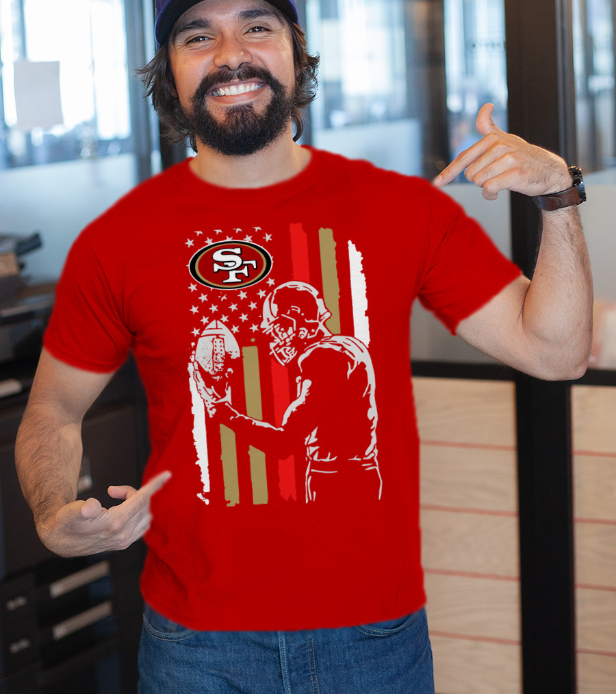 San Francisco 49ers Football Player With Logo And American Flag T-Shirt