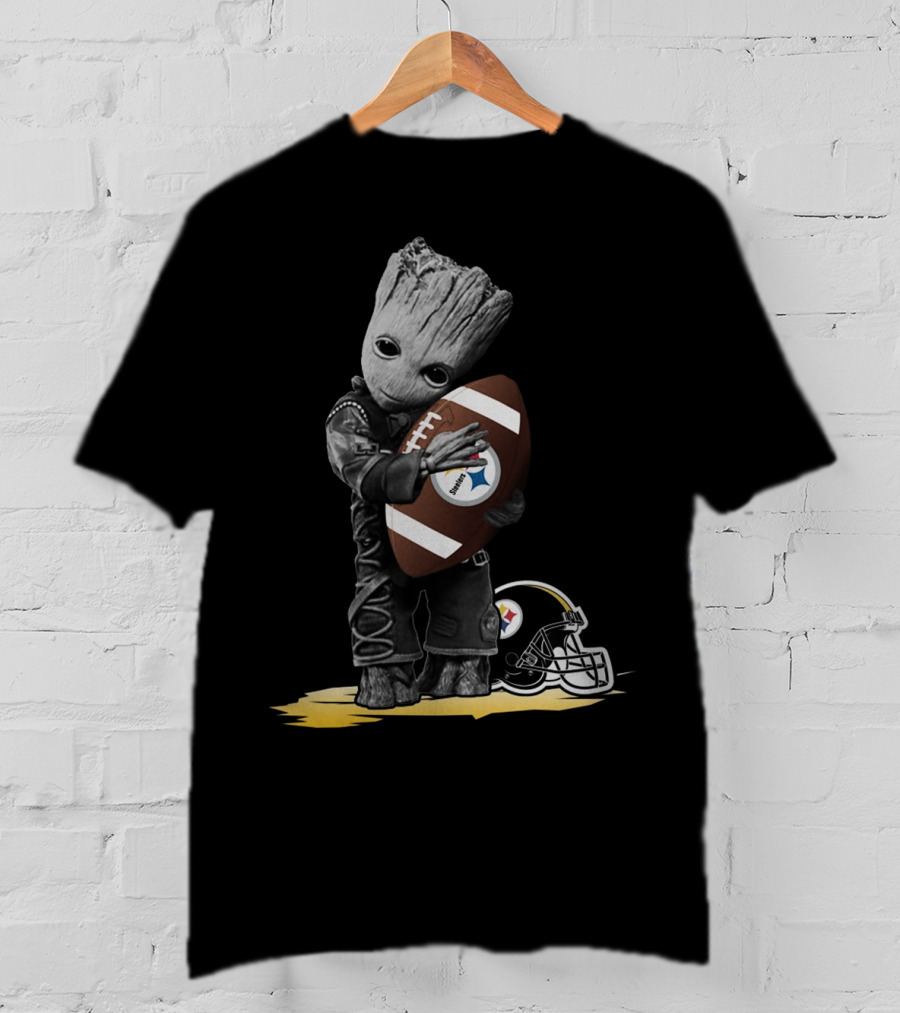 Groot Holding Football With Pittsburgh Steelers Helmet T-Shirt