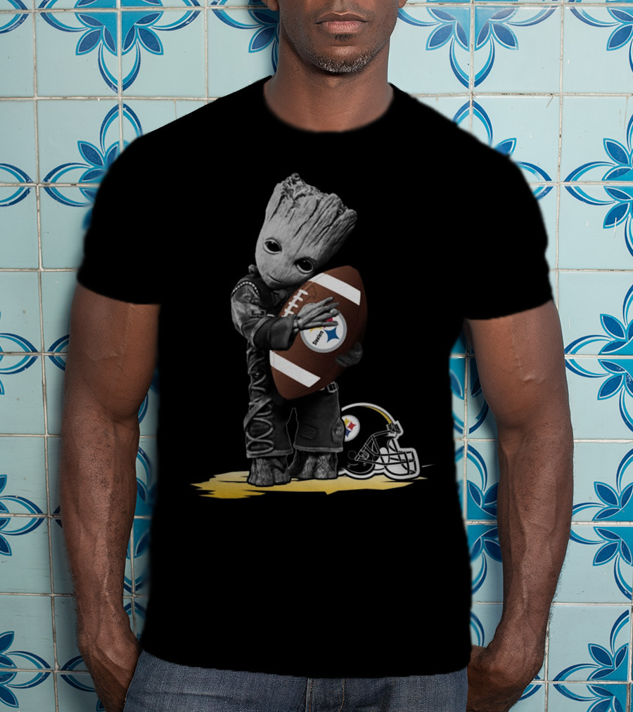 Groot Holding Football With Pittsburgh Steelers Helmet T-Shirt