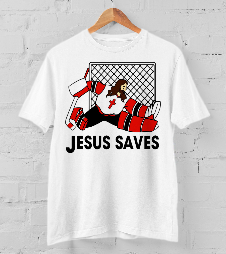 Hockey Jesus Saves Goalkeeper With Cross Motif In Action T-Shirt