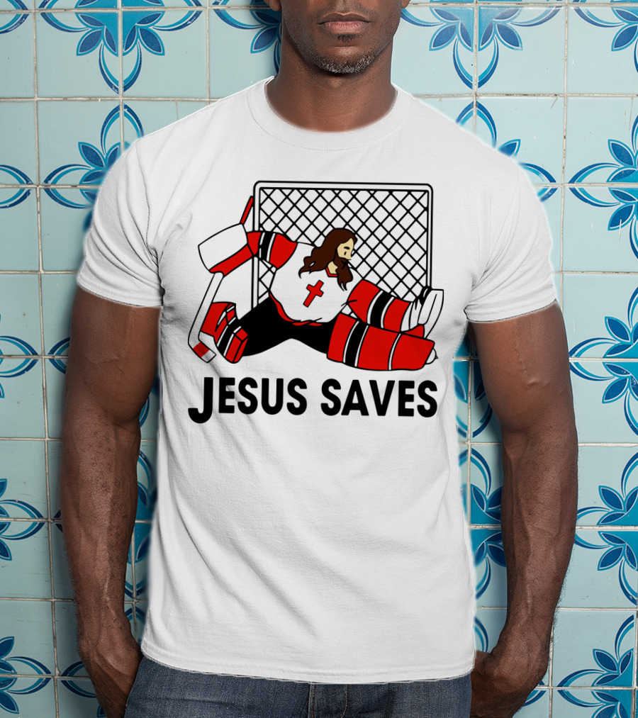 Hockey Jesus Saves Goalkeeper With Cross Motif In Action T-Shirt