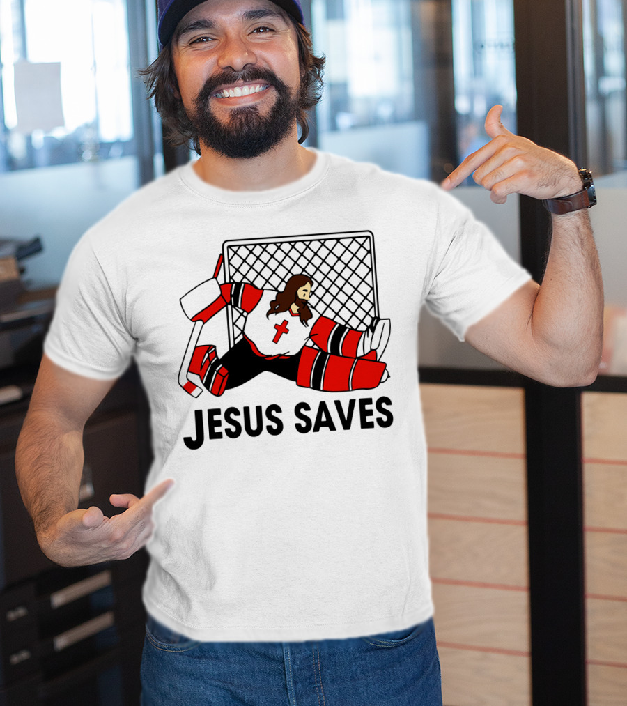 Hockey Jesus Saves Goalkeeper With Cross Motif In Action T-Shirt