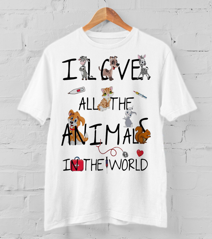 I Love All The Animals In The World Vet Theme With Cute Cartoon Animals And Medical Tools T-Shirt