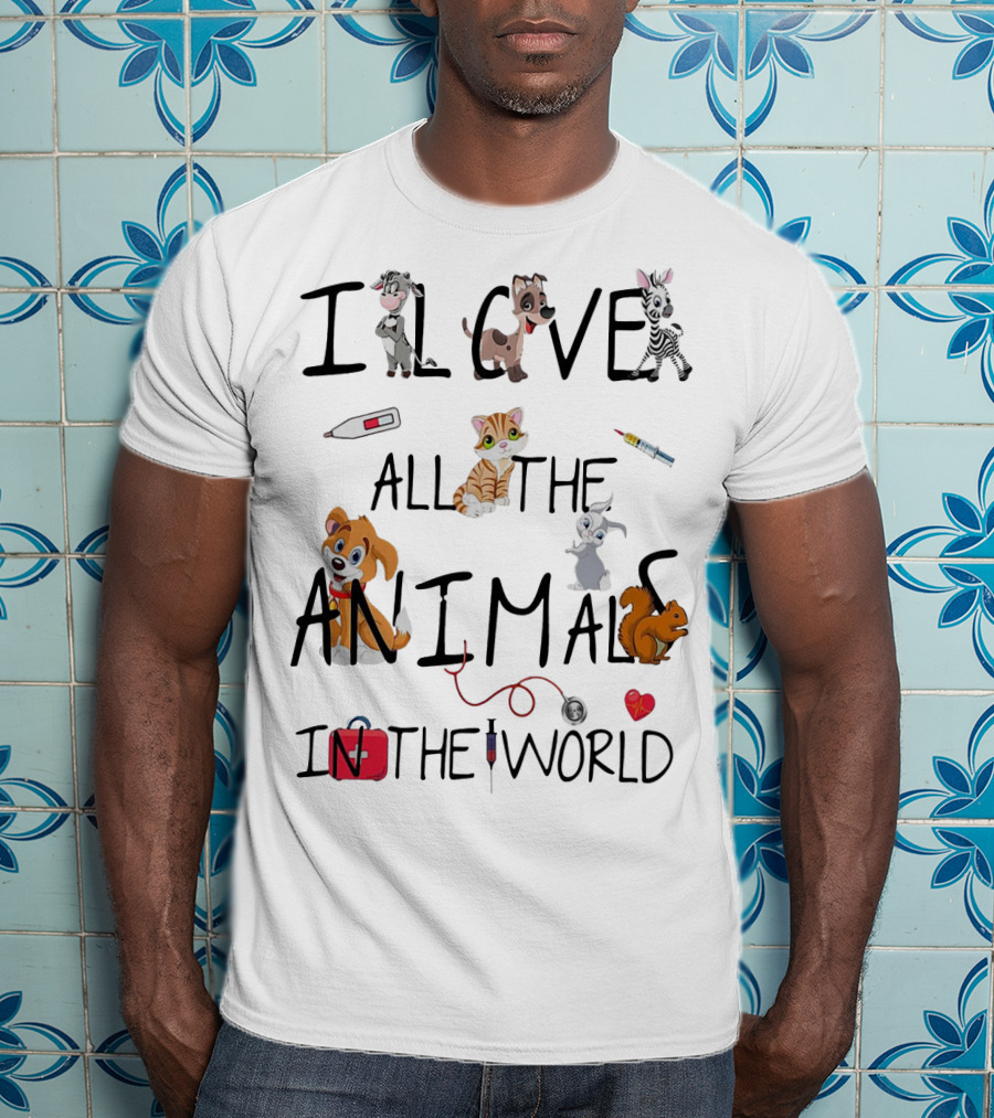 I Love All The Animals In The World Vet Theme With Cute Cartoon Animals And Medical Tools T-Shirt
