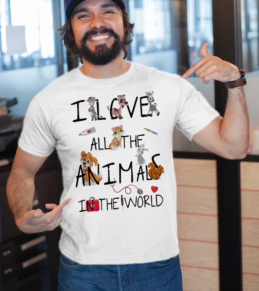 I Love All The Animals In The World Vet Theme With Cute Cartoon Animals And Medical Tools T-Shirt