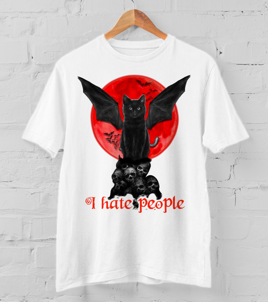 Black Bat Cat I Hate People Red Moon Skulls T-Shirt