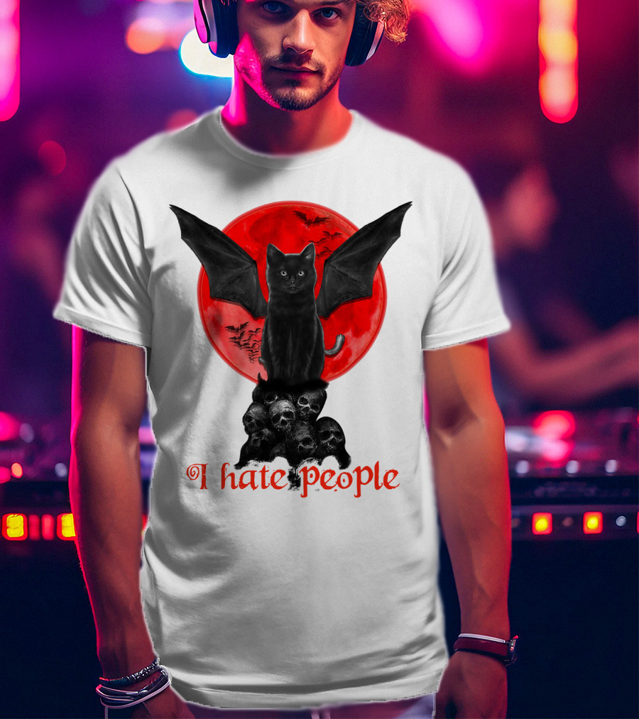 Black Bat Cat I Hate People Red Moon Skulls T-Shirt