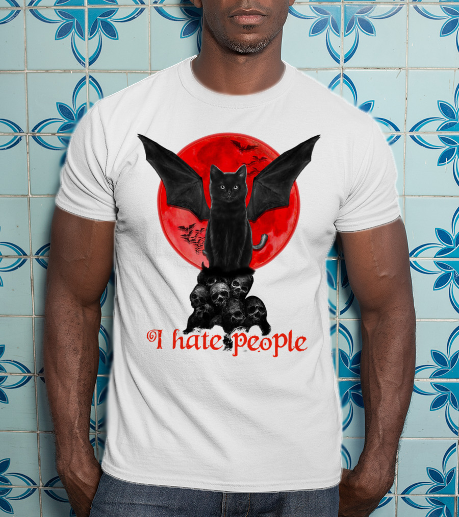 Black Bat Cat I Hate People Red Moon Skulls T-Shirt
