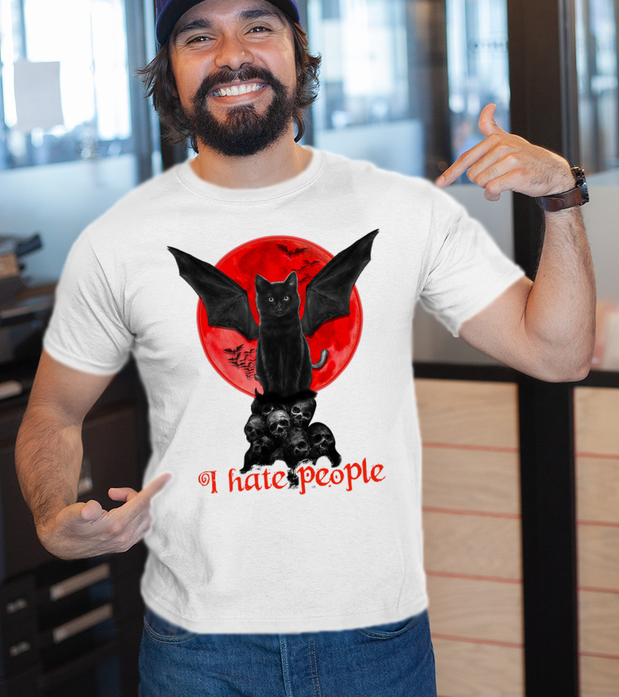 Black Bat Cat I Hate People Red Moon Skulls T-Shirt