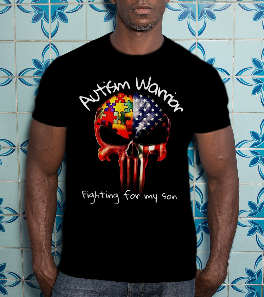 Autism Warrior Skull American Flag Puzzle Fighting For My Son T-Shirt