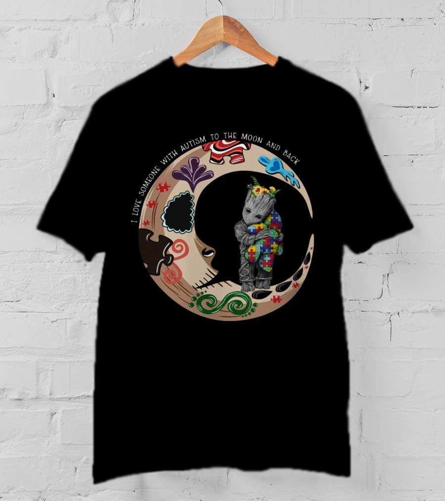 Baby Groot Holding Autism Puzzle Blanket In Vibrant Moon Circle I Love Someone With Autism To The Moon And Back T-Shirt