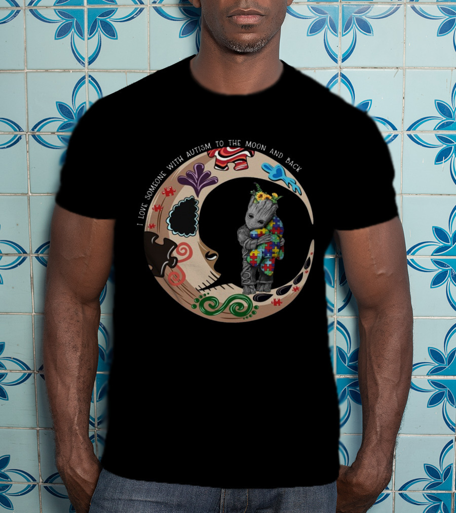 Baby Groot Holding Autism Puzzle Blanket In Vibrant Moon Circle I Love Someone With Autism To The Moon And Back T-Shirt