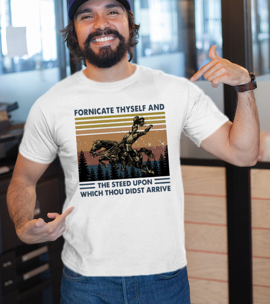 Vintage Fornicate Thyself And The Steed Upon Which Thou Didst Arrive Retro Rider Forest Stripes T-Shirt