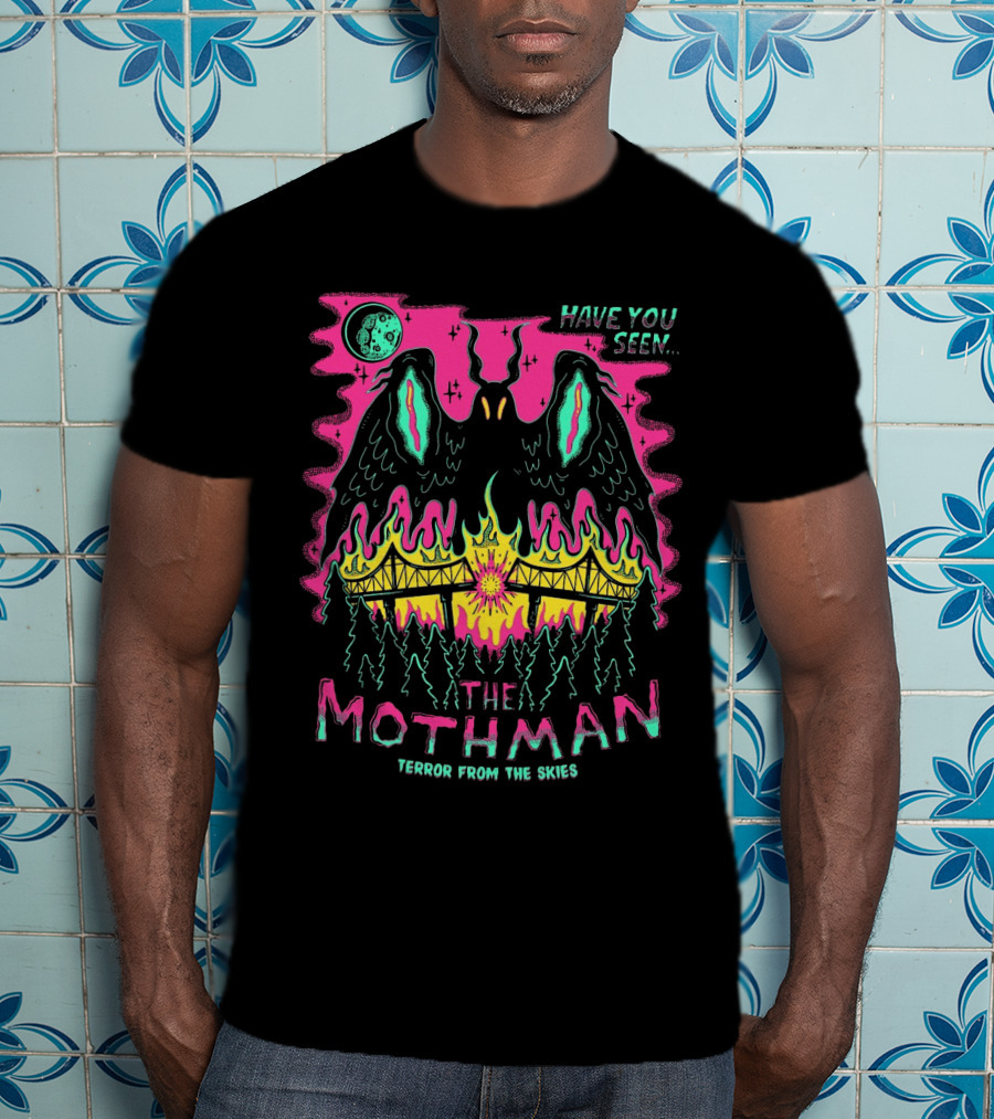 Have You Seen The Mothman Terror From The Skies Moonlit Night Fire Bridge Forest Scene T-Shirt