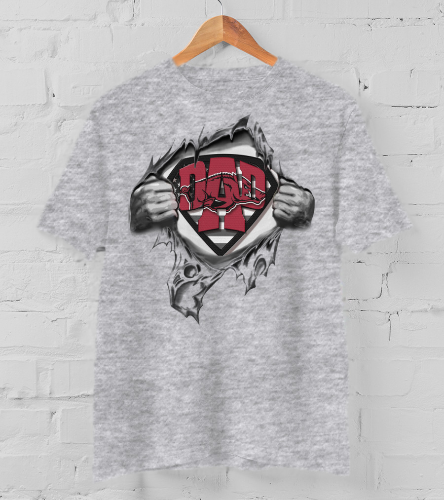 Superdad Arkansas Razorbacks Logo Hands Tearing Through Shield T-Shirt