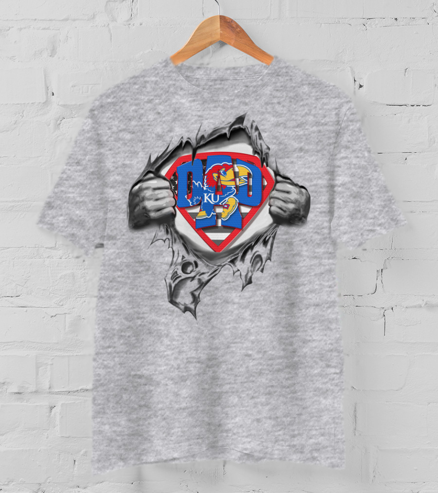Superdad Kansas Jayhawks Ku Logo Torn Superhero Chest T-Shirt