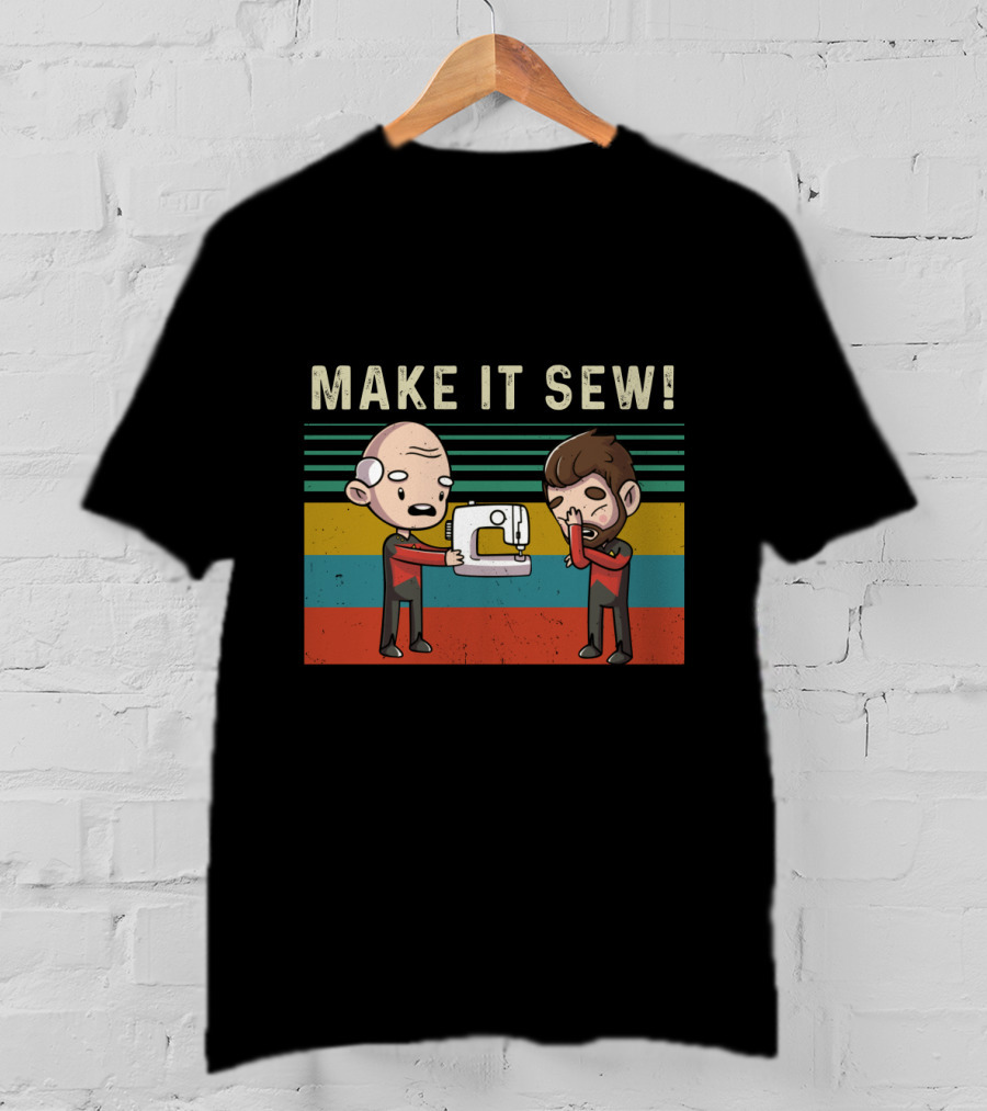Make It Sew Featuring William Riker And Jean Luc Picard Sewing Machine T-Shirt