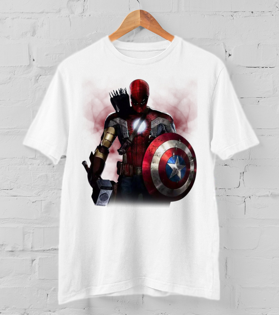 Overpowered Avengers Man Captain America Spider-Man Thor Iron Man Fusion With Shield And Mjolnir T-Shirt