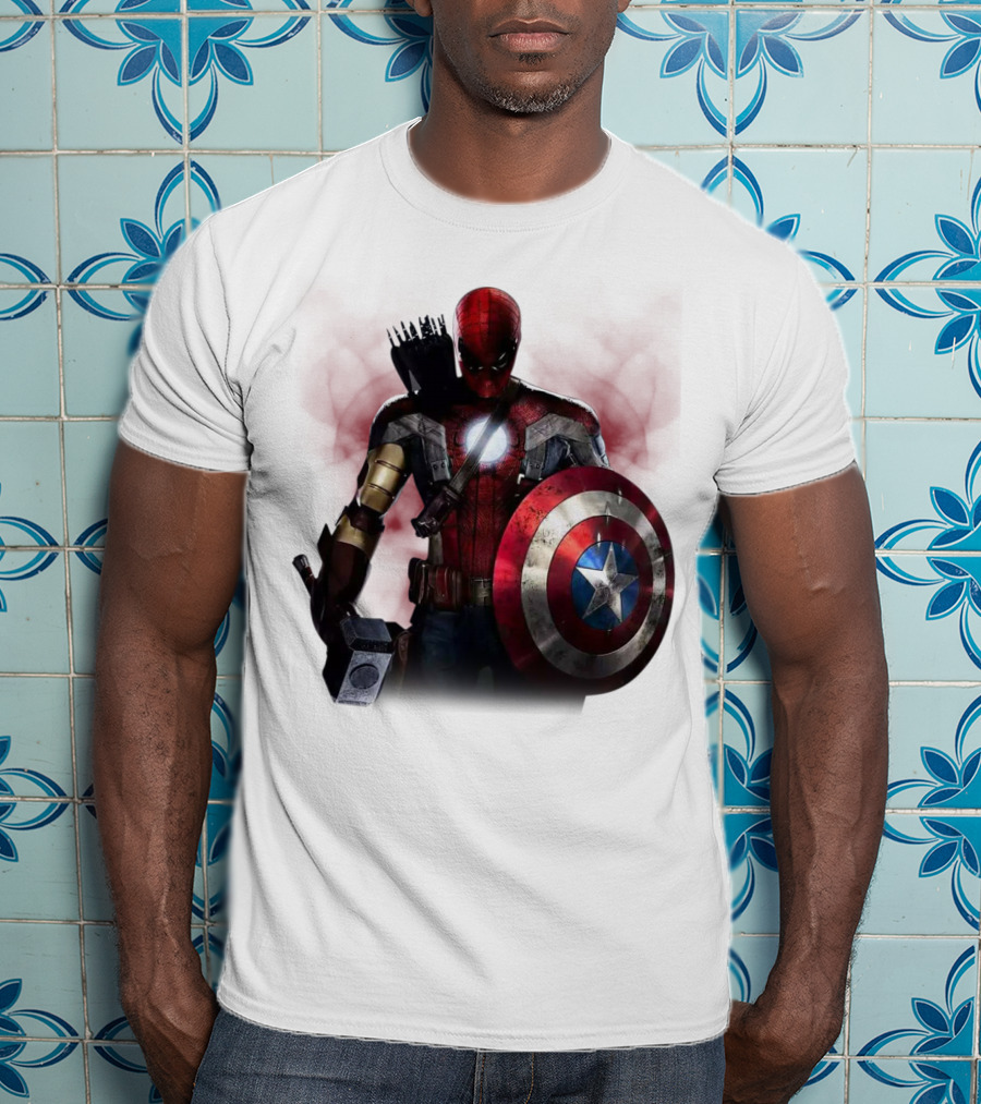 Overpowered Avengers Man Captain America Spider-Man Thor Iron Man Fusion With Shield And Mjolnir T-Shirt