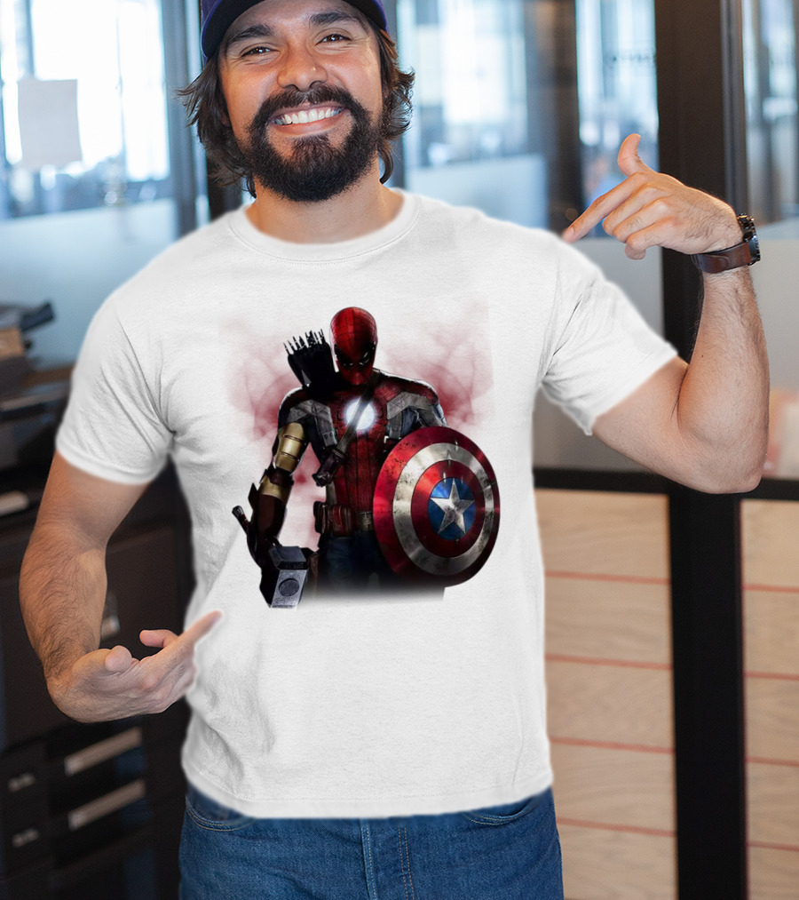 Overpowered Avengers Man Captain America Spider-Man Thor Iron Man Fusion With Shield And Mjolnir T-Shirt
