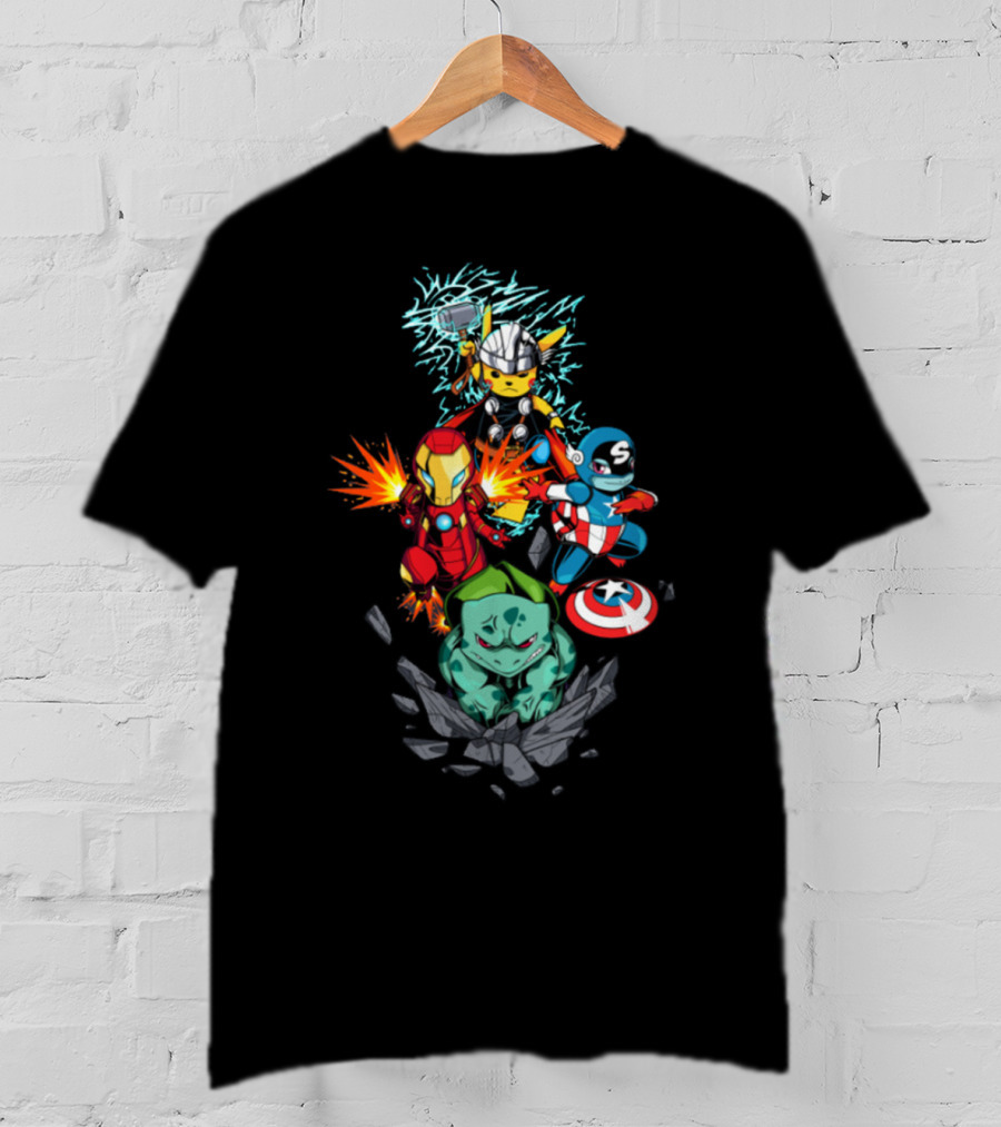 Avengers Pokemon Crossover Pikachu Thor Iron Man Bulbasaur Captain America T-Shirt