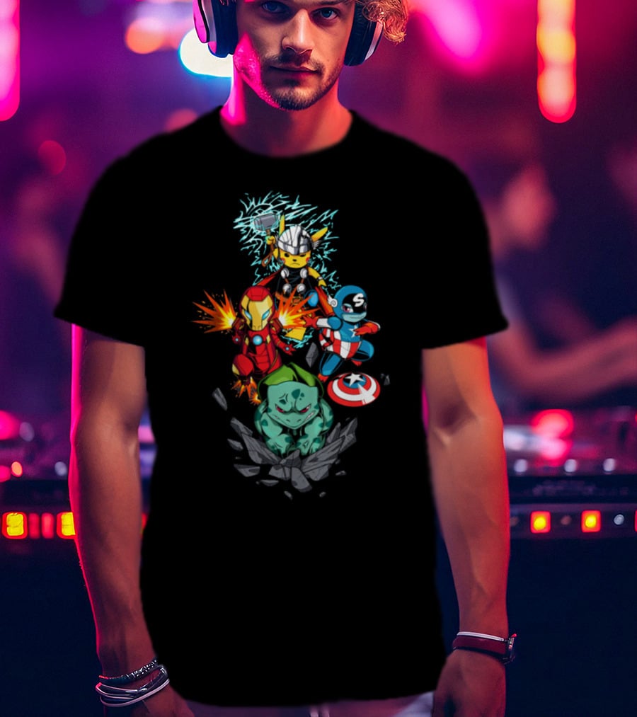 Avengers Pokemon Crossover Pikachu Thor Iron Man Bulbasaur Captain America T-Shirt
