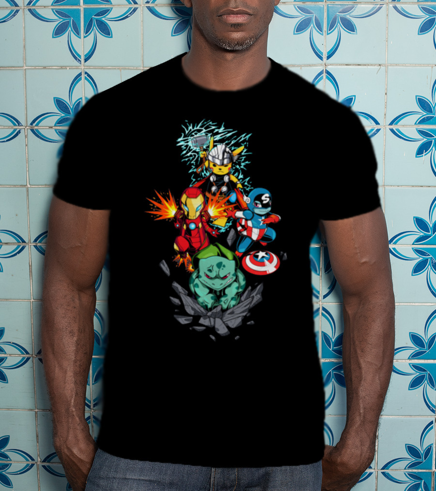 Avengers Pokemon Crossover Pikachu Thor Iron Man Bulbasaur Captain America T-Shirt