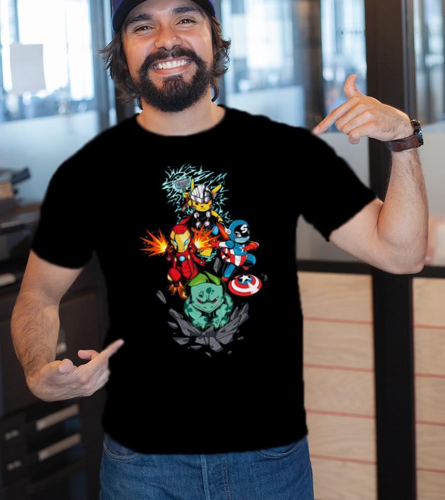 Avengers Pokemon Crossover Pikachu Thor Iron Man Bulbasaur Captain America T-Shirt