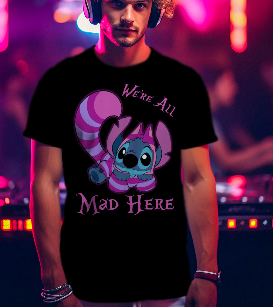 Stitch And Cheshire Cat We're All Mad Here Crossover T-Shirt