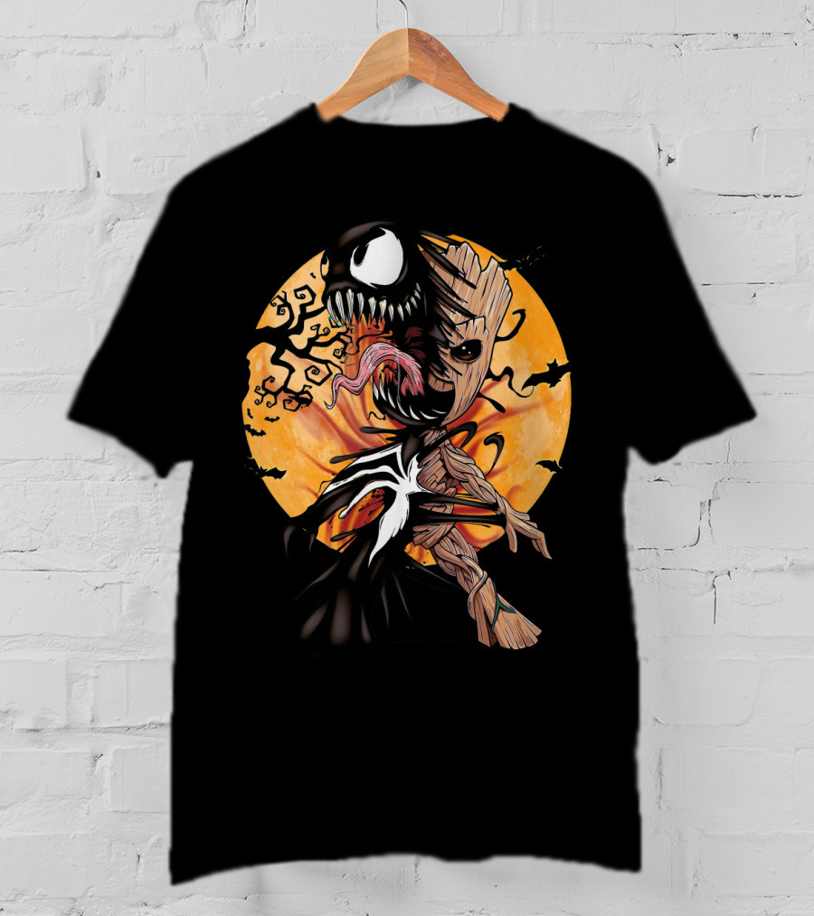 Baby Groot Venom Symbiote Halloween Moon Scene T-Shirt